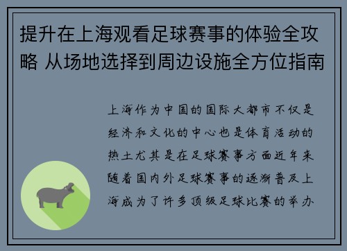 提升在上海观看足球赛事的体验全攻略 从场地选择到周边设施全方位指南